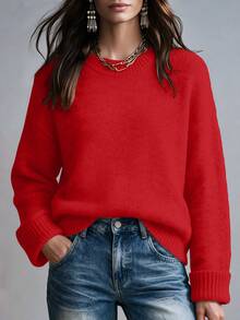 SHEIN 女款時尚紅色圓領捲袖羊毛混紡套頭毛衣，適合秋冬休閒購物、假日派對、約會 - 紅色 - 查看 1