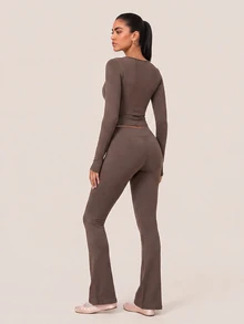 SHEIN BAE Setelan Atasan Lengan Panjang Tanpa Jahitan Wanita dan Legging Pinggang Tinggi untuk Olahraga, Lari, Yoga, Atletik, dan Santai, Warna Cokelat Tua, Cocok untuk Musim Gugur. - Coffee Brown - View 2