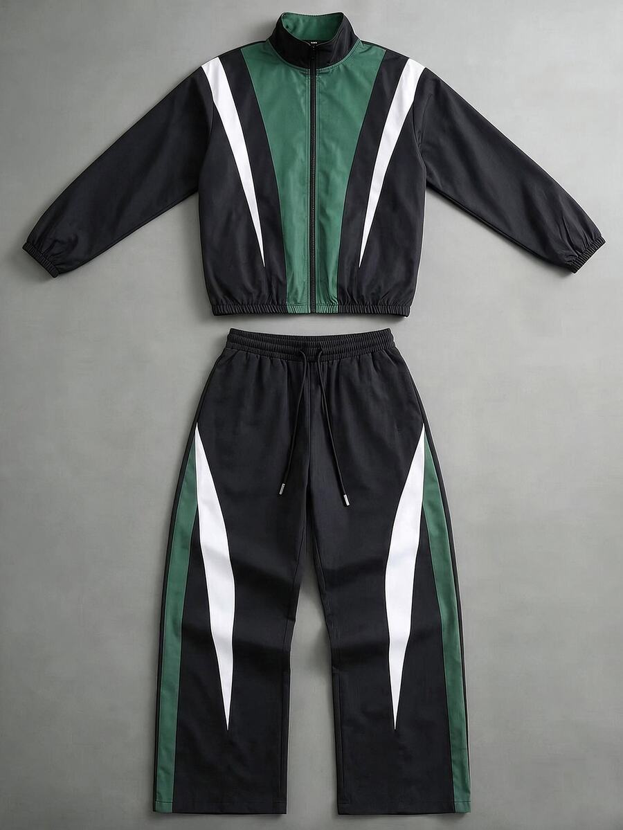 PAVTROS Men's Colorblock Long Sleeve Jacket And Pants Casual Daily Outfit - Multicolor - View 1