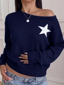 SHEIN 青少年女孩針織毛衣，休閒星星圖案海軍藍，簡約時尚，適合日常穿著，秋冬季 - 藏蓝色 - 查看 6