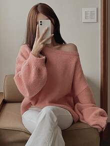 DAZY Women's Solid Color Loose Asymmetric Neck Long Sleeve Lantern Sleeve Casual Vacation Autumn/Winter Knit Sweater - Pink - View 4