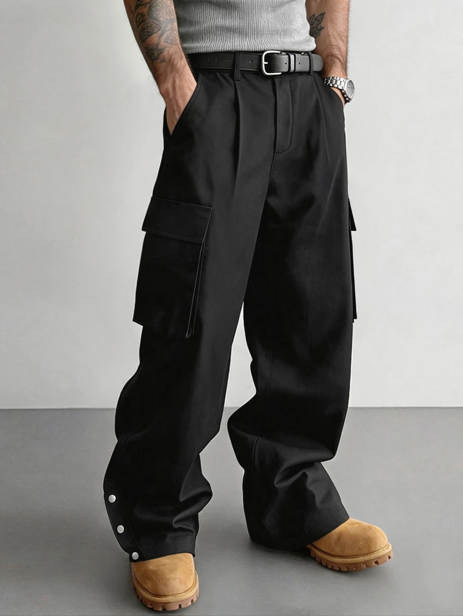 SLATEMANN Men's Black Rivet Design Long Pants, Multi-Pocket Cargo Pants, Casual Versatile Long Pants - Black - View 1