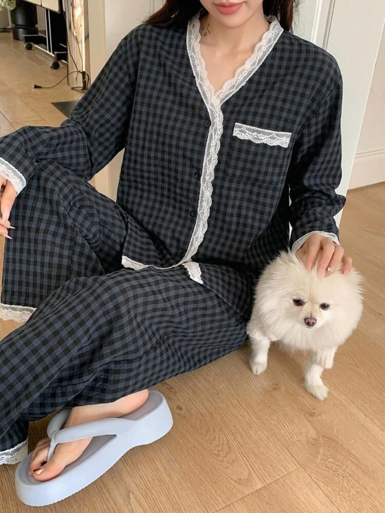 DAZY 2pcs Plaid Embroidered Pattern Pajama Set Fall - Navy Blue - View 4