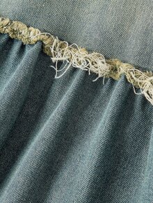 ROMWE Spring Summer Autumn Vintage Fairycore Multi-Layer Ruffle Patchwork A-Line Umbrella Skirt Long Skirt Retro Distressed Washed Denim Skirt For Women - Medium Wash - View 4