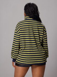 Rustia Plus Size Striped Stand Collar Zip-Up Sweatshirt, Sporty Casual Fall - Navy Blue - View 2