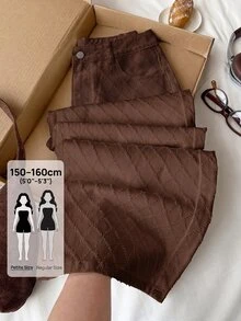 SHEIN PETITE 女款寬腿寬鬆休閒百搭牛仔褲，附口袋，秋季服飾 - 棕色 - 查看 2