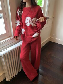 DAZY Autumn/Winter Soft & Cozy Floral Bow Half-Fleece 2 Pieces Pajama Set Loungewear For Women - Red - View 13