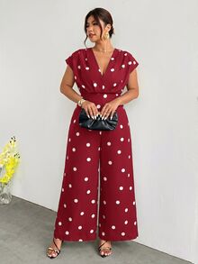 Firerie Plus Size Fashion Polka Dot Print Pleated Loose Jumpsuit - Burgundy - View 4