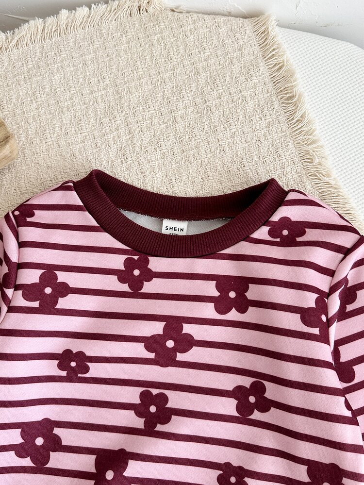 LMoss Kids Kids Baby Girl Knit Cartoon Flower Pattern Striped Soft Crew Neck Long Sleeve Pullover Sweatshirt And Elastic Waist Long Pants 2 Pieces Set - Multicolor - View 5