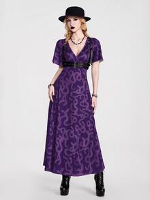 Breakform Blakeform Women's Gothic Style Summer Deep V-Neck Fitted Short Sleeve Black Snake Print Wrap Tie Long Slit Dress - Multicolor - View 4