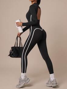 SHEIN BAE Jumpsuit Olahraga Kasual Wanita Motif Blok Warna untuk Perjalanan Sehari-hari - Hitam - View 2
