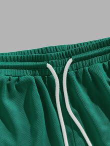 Sorvial Standard Size Loose White T-Shirt Green Basketball Shorts Sports Set, Minimalist Letter Design - Multicolor - View 2