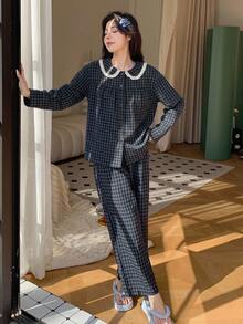 DAZY 2pcs Plaid Embroidered Pattern Pajama Set Fall - Navy Blue - View 5
