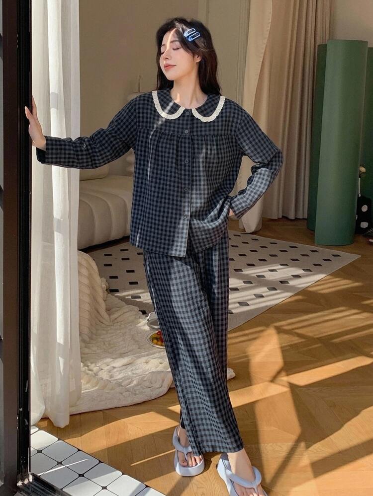 DAZY 2pcs Plaid Embroidered Pattern Pajama Set Fall - Navy Blue - View 5