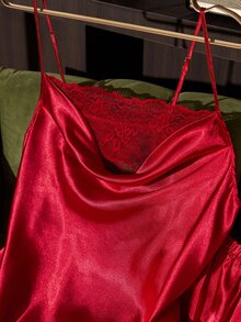 SilkySpell Plus Size Red Camisole & Shorts Set, Lace Patchwork Sexy Sleepwear - Red - View 3