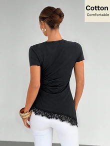 Siren Gaze Summer New Lace Patchwork Waist-Cinched Slimming Split Hem T-Shirt For Women - Black - View 2