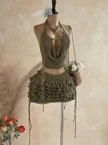 Soleia Women's Plus Size Olive Green Knit Vacation Set - Army Green - View 7