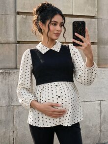 Momance Maternity Polka Dot Patchwork Top, Comfortable Loose Fit - Apricot - View 6