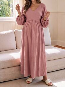 SHEIN Maternity Home Dress Loose Comfortable 100% Cotton - Dusty Pink - View 7
