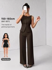 SHEIN PETITE 女款純色圓領單排扣背心與長褲套裝，優雅休閒通勤西裝風，夏秋服飾套裝，辦公商務穿搭 - 咖啡棕 - 查看 5