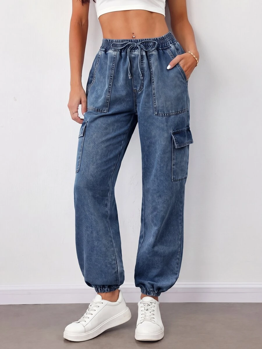 SHEIN Tall 女款腰部綁帶工裝口袋休閒錐腿牛仔褲秋季服飾