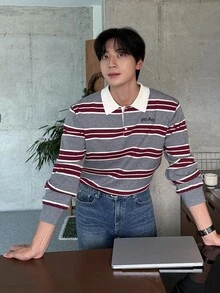 DAZY 男士長袖灰色與酒紅條紋對比領 Polo 毛衣 - 彩色 - 查看 6