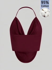 Firerie Solid Concert Draped Front Backless Party Halter Top - Burgundy - View 4