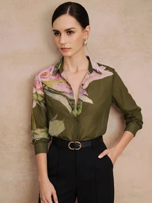 Anewsta Essential Spring/Summer New Elegant Fashion Floral Print Chiffon Long Sleeve Blouse For Women, Suitable For Outing, Party, Holiday, Vacation And Professional Occasions - Army Green - View 5