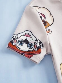 SHEIN | PAW Patrol 小男孩卡通印花短袖上衣與長褲休閒日常居家睡衣套裝 - 杏色 - 查看 5