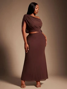 Radiana Plus Size Women's Spring/Summer Fashion Elegant Long Dress, Asymmetrical Drape One-Shoulder Design, Combining Goddess Style And Greek-Inspired Pleated Details - Brown - View 6