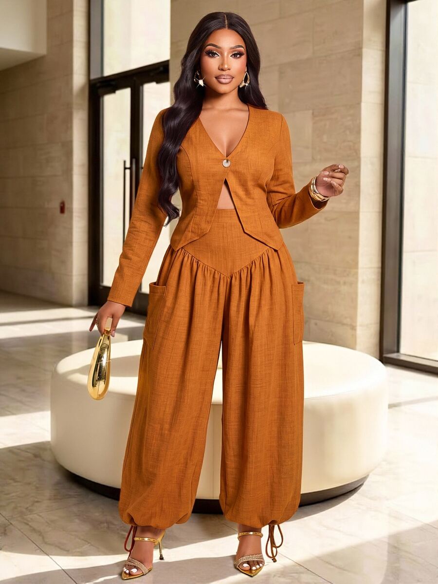 Brilight Textured 2 Pieces Set V Neck Crop Blazer Drawstring Wide Leg Pants Elegant Outfit For Teachers' Day Daily Office Corporate Rust Brown Autumn - Burnt Orange - View 1