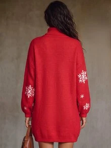 SHEIN Autumn/Winter New High Neck Dropped Shoulder Long Sleeve Ribbed Cuff Contrast Color Snowflake Pattern Jacquard Long Length Fashion Casual Holiday Vacation Long Sweater For Women - Multicolor - View 2
