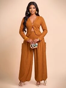 Brilight Textured 2 Pieces Set V Neck Crop Blazer Drawstring Wide Leg Pants Elegant Outfit For Teachers' Day Daily Office Corporate Rust Brown Autumn - Burnt Orange - View 14