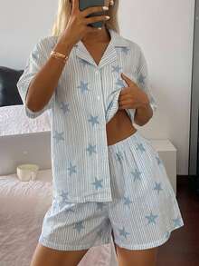 DAZY 2pcs/Set Women's Star Striped All-Over Print Loose Cardigan Short Sleeve Short Pajama Set - Blue - View 4