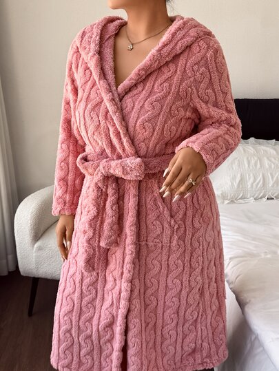Napfluff CURVE Napfluff CURVE Plus Size Women's Pink Hooded Ear Decor Belt Tie Autumn/Winter Medium Thick Fleece Soft Comfortable Double-Sided Cotton Fleece Textured Knit Fabric Casual Lazy Home Pocket Open Front Robe Morning Gown