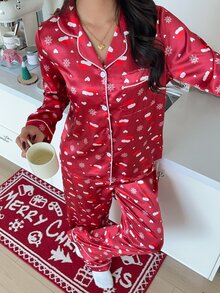 ZzzCrew Faux Silk Minimalist Lapel Button Long Sleeve Loungewear, Christmas Element Print 2 Pieces Set - Red - View 7