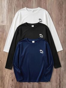 SHEIN 青少年男孩黑色對比色椰子樹小圖案長袖潛水泳衣，休閒學院風，舒適時尚，極簡實用百搭，柔軟面料，適合日常穿著、游泳、旅行、戶外運動、海灘度假、潛水，春夏適用 - 藏蓝色 - 查看 4