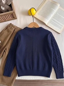 SHEIN 兒童小男孩秋冬毛衣，柔軟舒適學院風英倫風校服，適合返校季、職業日、聖誕節、萬聖節、生日 - 藍色 - 查看 2
