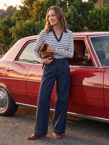 Dayvera Contrast Color Lapel Horizontal Striped Long Sleeve Polo Shirt, Slim Fit Flattering French Casual V-Neck Undershirt - Navy Blue - View 4