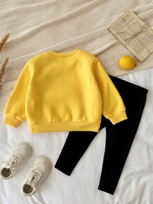 SHEIN Baby Girl Knit Solid Color Cartoon Bee Pattern Sweatshirt & Long Pants 2 Pieces Set - Multicolor - View 2