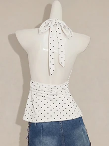 SHEIN ICON 掛脖深V領收腰A字露背波點背心上衣 - 白色 - 查看 2