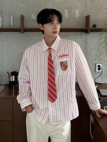 DAZY 男士紅色條紋長袖襯衫附領帶，春秋通勤學院風 - 紅色 - 查看 3