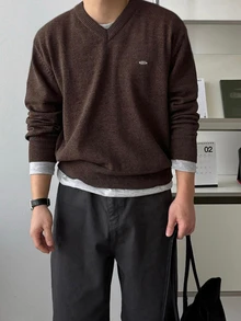 DAZY Autumn/Winter Brown Marled Knit Men's Sweater With Metal Label Design, V-Neck, Ribbed Cuffs And Hem - Rust Brown - View 4