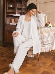 Côtesoire Women's Patchwork Fuzzy Camisole And Long Pants Pajama Set - White - View 6