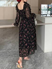Dazy Maternity Full Ditsy Floral Ruffle Trim Long Sleeve Elegant Vacation Korean Style Spring Autumn Maternity Dress - Black - View 2