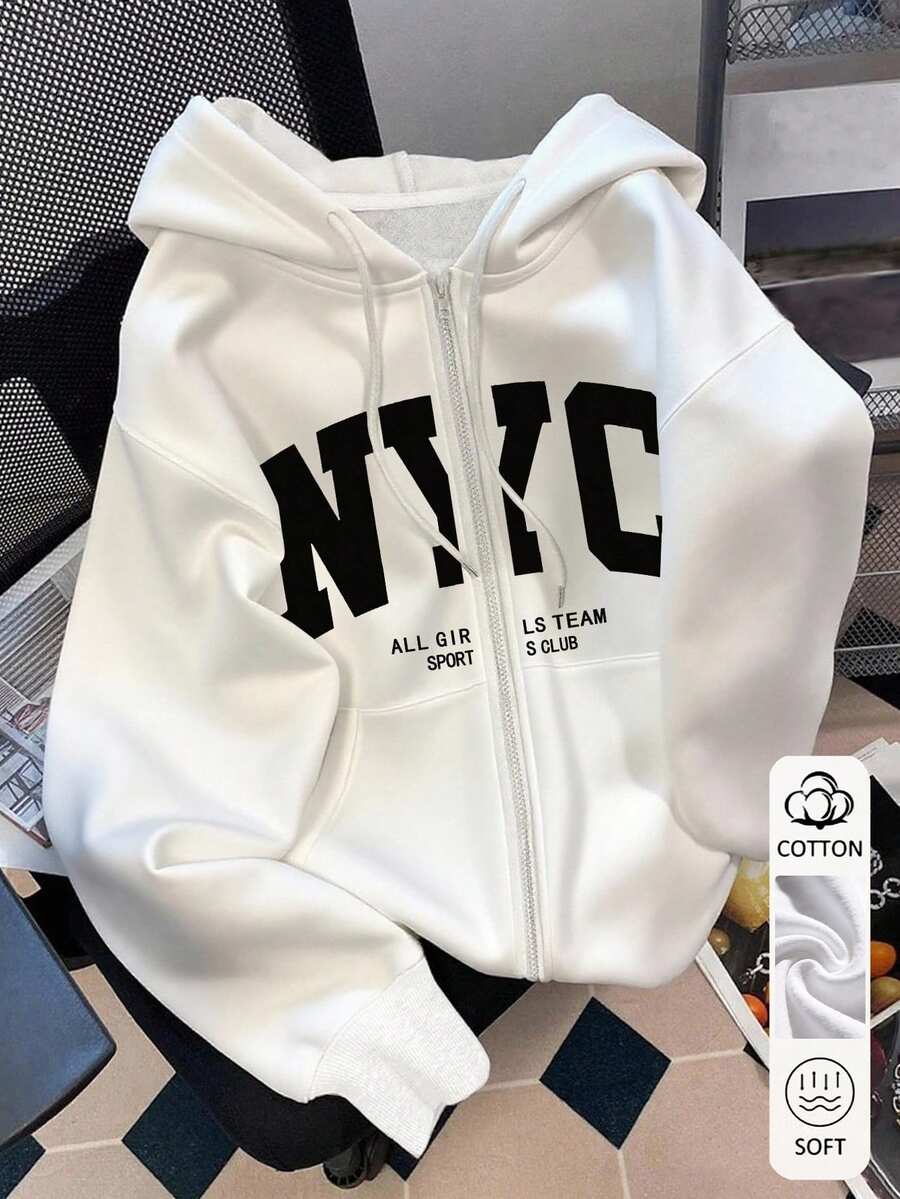 Resyla 女款外套上衣 秋冬新款 白色圖案字母印花學生風 高品質 假日穿搭 教師節 女款拉鍊夾克運動衫 - 白色 - 查看 1