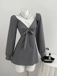Elamini 女款假領拼接休閒可愛優雅日常秋季短洋裝，深灰色畢業禮服，適合日常約會 - 灰色 - 查看 5