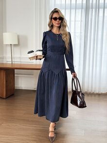 Easowa Women'sfall/Winter Dress Casual Commute Business Navy Blue Dress Winter Elegant Dress Work Office Business Outfits For Women - Blue and White - View 2