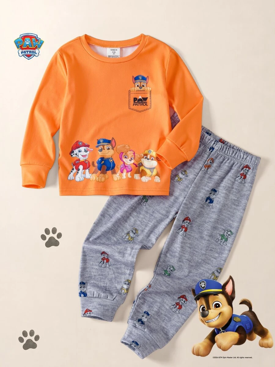 Maija Kids SHEIN | PAW Patrol Maija Kids 小男孩卡通圖案長袖上衣與長褲休閒日常居家穿著套裝 - 橘色 - 查看 1