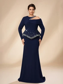 Serin Plus Size Elegant Minimalist Navy Blue Asymmetric Shoulder Design Handmade Rhinestone Decor 2 In 1 Mermaid Long Dress Suitable For Ball, Holiday Party, Formal Evening Event, Wedding, Mother Of The Bride Dress - Navy Blue - View 3